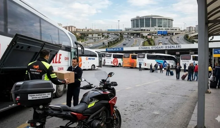 Otogar ve havalimanı kurye çözümleri kapsamında Esenler Otogarı peronunda paket teslimatı yapan MotorcuKurye ekibi.