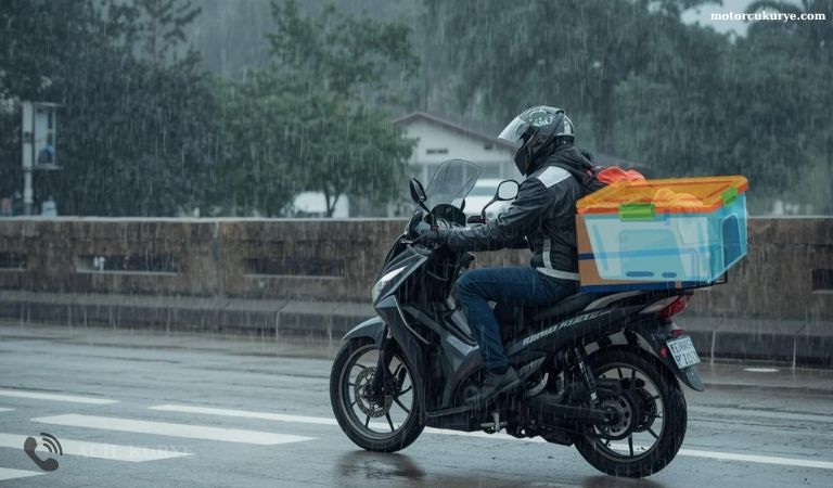 Güvenli paket teslimatı için su geçirmez çanta kullanan yağmurlu hava kuryesi