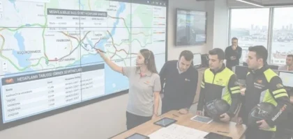 MotorcuKurye operasyon merkezinde lojistik ekipleri dijital İstanbul haritası üzerinden mesafe ve bölge bazlı kurye fiyatı hesaplama tablosunu analiz ediyor.