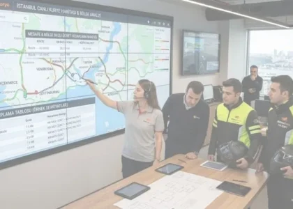 MotorcuKurye operasyon merkezinde lojistik ekipleri dijital İstanbul haritası üzerinden mesafe ve bölge bazlı kurye fiyatı hesaplama tablosunu analiz ediyor.