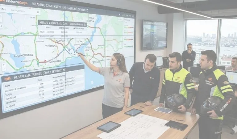 MotorcuKurye operasyon merkezinde lojistik ekipleri dijital İstanbul haritası üzerinden mesafe ve bölge bazlı kurye fiyatı hesaplama tablosunu analiz ediyor.