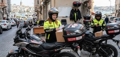 MotorcuKurye.com ekipleri İstanbul Galata Tower manzaralı sokaklarda paket teslimatı öncesi kurye çantalarını kontrol ediyor.