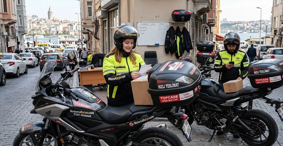 MotorcuKurye.com ekipleri İstanbul Galata Tower manzaralı sokaklarda paket teslimatı öncesi kurye çantalarını kontrol ediyor.