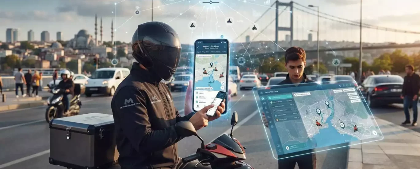 İstanbul Boğazı'nda motosikletli kurye ve dijital harita arayüzleri