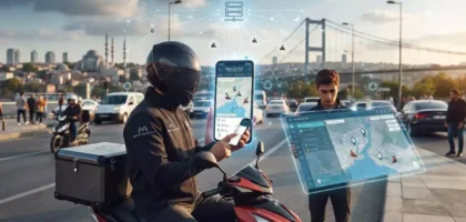 İstanbul Boğazı'nda motosikletli kurye ve dijital harita arayüzleri