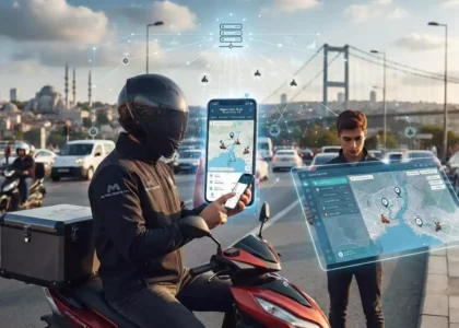 İstanbul Boğazı'nda motosikletli kurye ve dijital harita arayüzleri