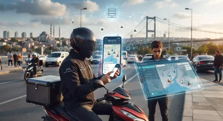 İstanbul Boğazı'nda motosikletli kurye ve dijital harita arayüzleri